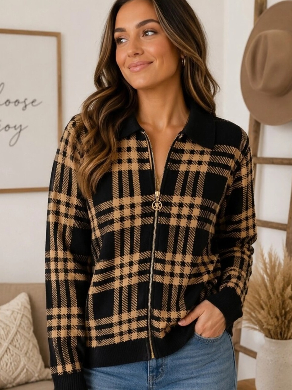 NWOT Anne Klein Black and White Windowpane Zip-Front Jacket